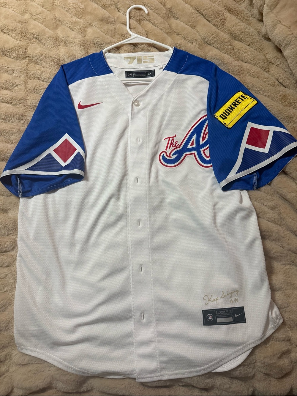 Nike White and Royal Blue Atlanta Braves Jersey with Red Accents